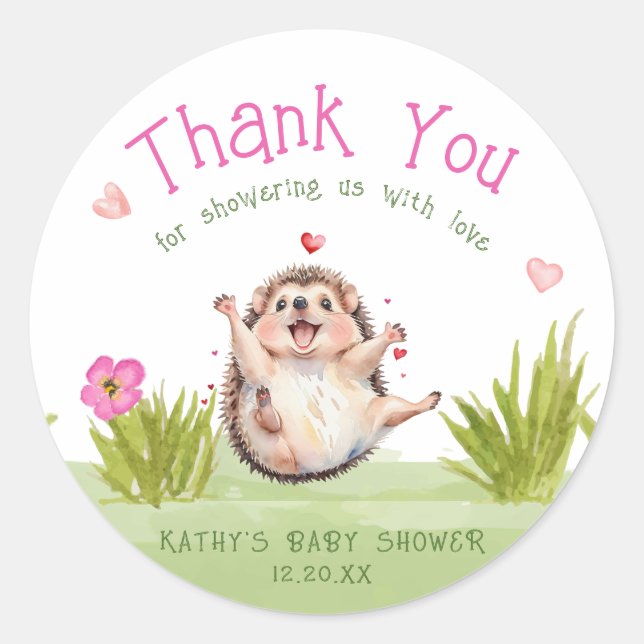 Sticker Rond Happy Garden Hérisson Baby shower Merci Favoriser (Devant)