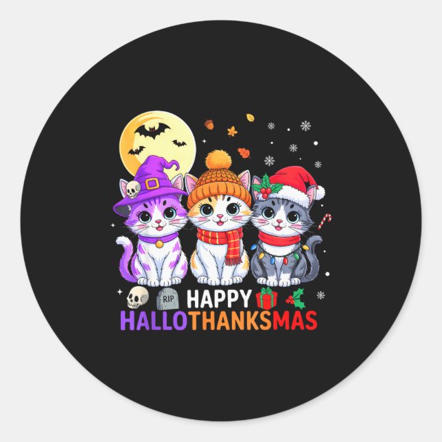 Sticker Rond Happy Hallothanksmas Cats Halloween Thanksgiving C (Devant)