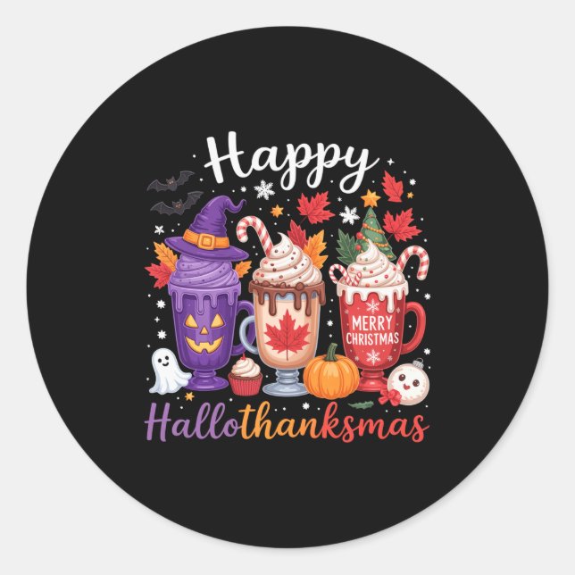 Sticker Rond Happy Hallothanksmas Coffee Lover Halloween Merry  (Devant)