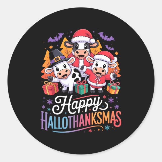 Sticker Rond Happy Hallothanksmas Cows For Farmer  (Devant)