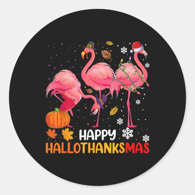 Sticker Rond Happy Hallothanksmas Flamant rose (Devant)