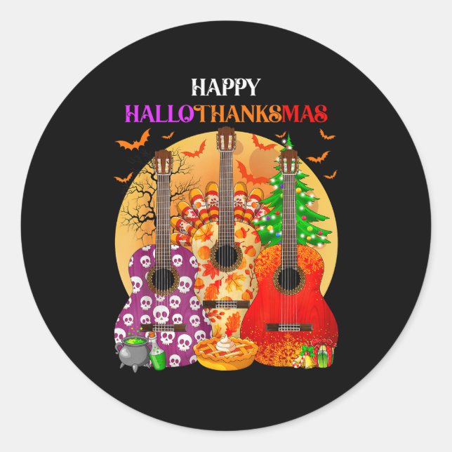 Sticker Rond Happy Hallothanksmas Guitar Halloween Thanksgiving (Devant)