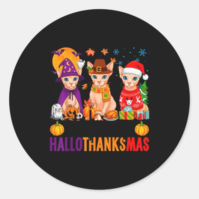 Sticker Rond Happy Hallothanksmas Sphynx Cats Halloween Thanksg (Devant)
