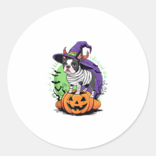Sticker Rond Happy Halloween avec Boston Terrier Mummy & Witch