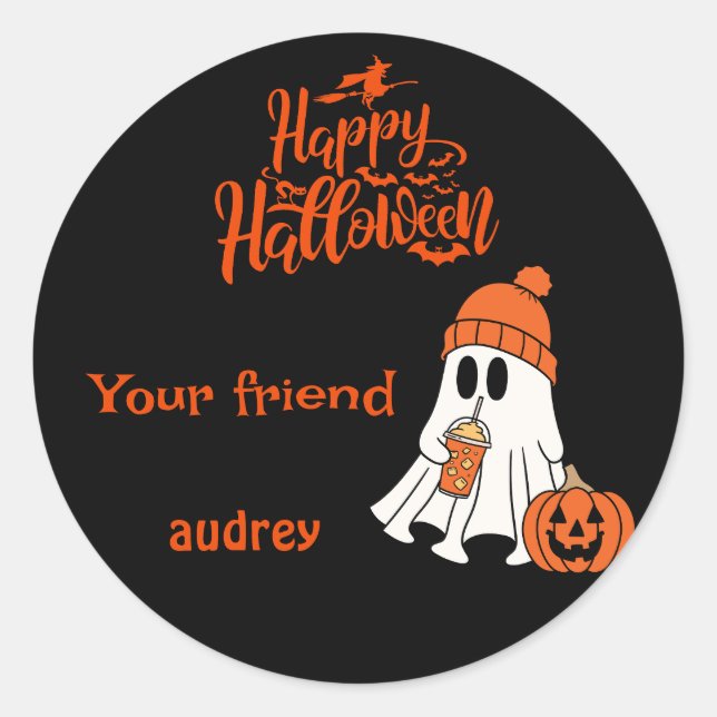 Sticker Rond Happy Halloween Boo Citrouille Ghost Personnalisé (Devant)