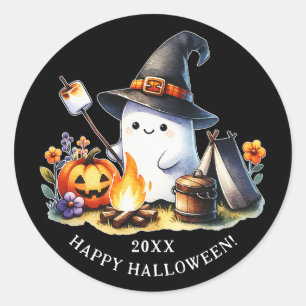 Sticker Rond Happy Halloween Camping Cute Ghost Black