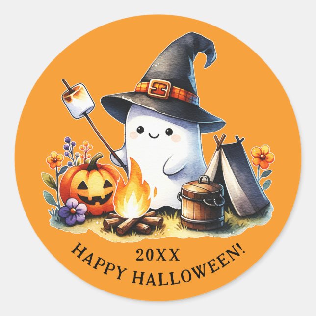 Sticker Rond Happy Halloween Camping Cute Ghost Orange (Devant)