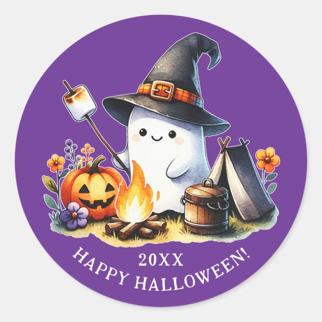 Sticker Rond Happy Halloween Camping mignon Fantôme mauve (Devant)