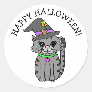 Sticker Rond Happy Halloween Chat dans le Casquette de Witch