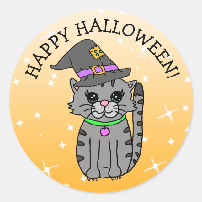 Sticker Rond Happy Halloween Chat dans le Casquette de Witch (Devant)