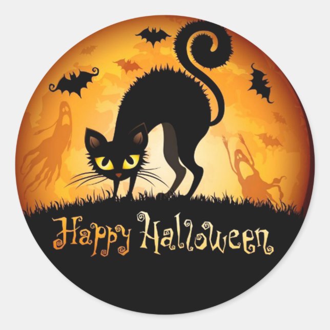 Sticker Rond Happy Halloween Chat noir (Devant)