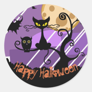 Sticker Rond Happy Halloween Chat noir, chauves-souris, feuille