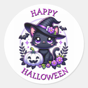 Sticker Rond Happy Halloween Chat noir et Citrouille