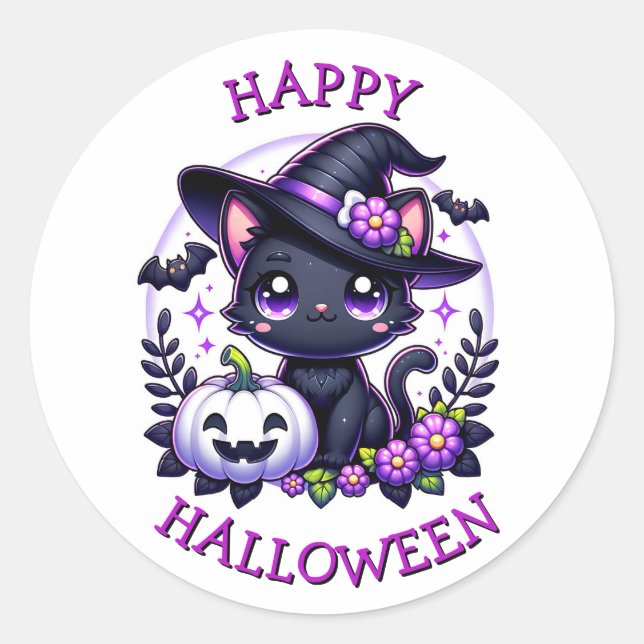 Sticker Rond Happy Halloween Chat noir et Citrouille (Devant)