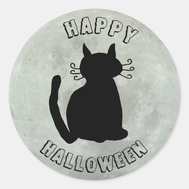 Sticker Rond Happy Halloween Chat noir et Pleine lune (Devant)