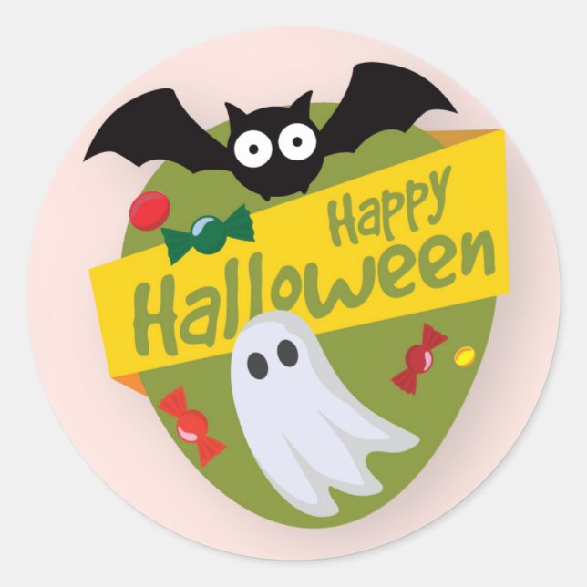Sticker Rond Happy Halloween chauve et fantôme | Sceller (Devant)