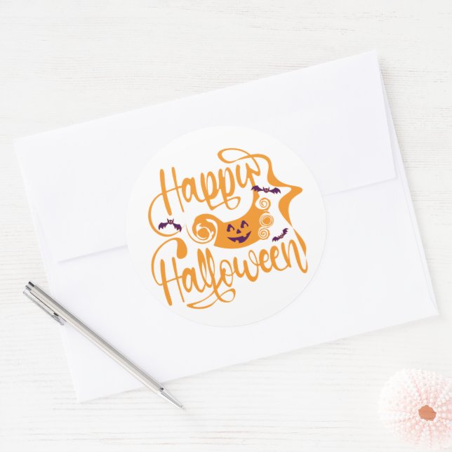 Sticker Rond Happy Halloween chauves-souris Jack-o'-lantern (Enveloppe)