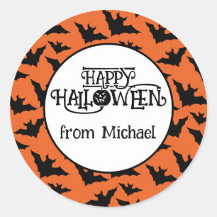 Sticker Rond Happy Halloween chauves-souris orange noir éffraya