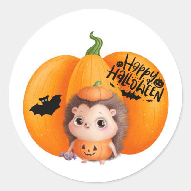 Sticker Rond Happy Halloween Cute Baby Hedgehog et Citrouille (Devant)