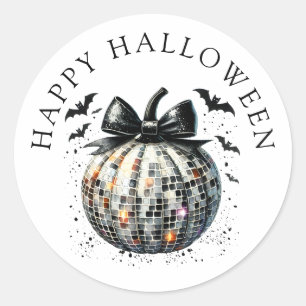 Sticker Rond Happy Halloween Disco Ball Citrouille Black Bow