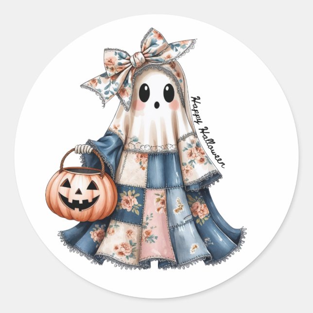 Sticker Rond Happy Halloween éffrayant patchwork fantôme (Devant)