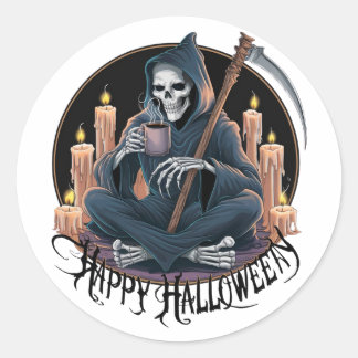 Sticker Rond Happy Halloween et un squelette (2)