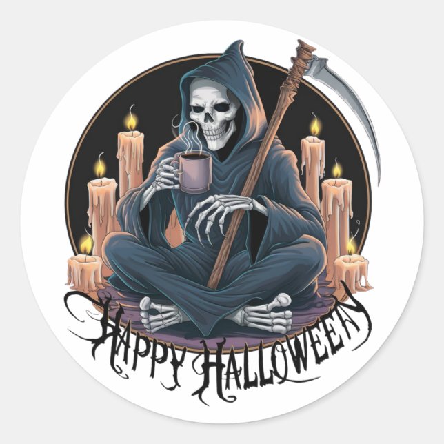 Sticker Rond Happy Halloween et un squelette (2) (Devant)