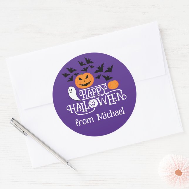 Sticker Rond Happy Halloween fantôme citrouille chauves-souris  (Enveloppe)