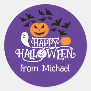 Sticker Rond Happy Halloween fantôme citrouille chauves-souris