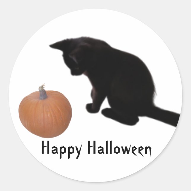 Sticker Rond Happy Halloween Kitten noir et Citrouille orange (Devant)