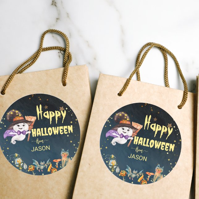 Sticker Rond Happy Halloween mignon fantôme (Happy Halloween stickers cute ghost starry night critters stickers for Halloween goodie bags gifts)