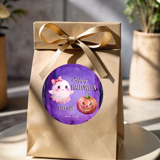 Sticker Rond Happy Halloween mignon fantôme rose (Happy Halloween cute pink ghost jack-o-lantern purple Halloween Sticker)