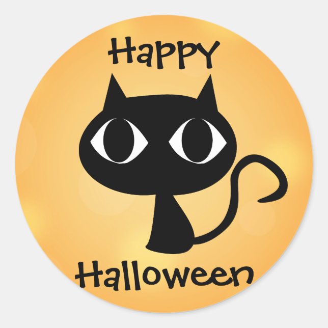Sticker Rond Happy Halloween mignonette Carton noir Chat orange (Devant)