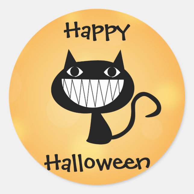 Sticker Rond Happy Halloween mignonette Carton noir Chat orange (Devant)