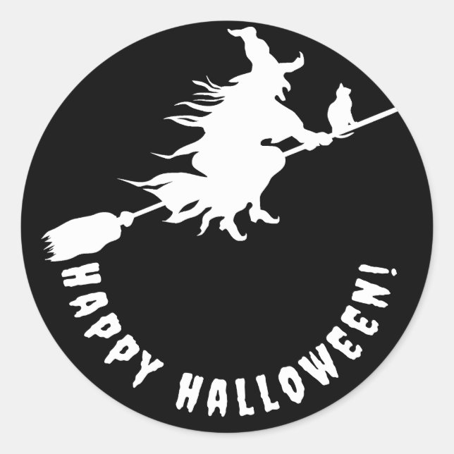 Sticker Rond Happy halloween noir blanc sorcière (Devant)