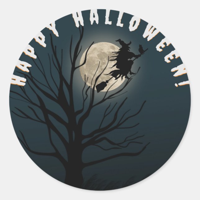 Sticker Rond Happy halloween noir blanc sorcière (Devant)