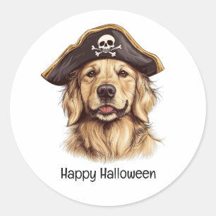 Sticker Rond Happy Halloween Pirate Golden Retriever Crâne chie