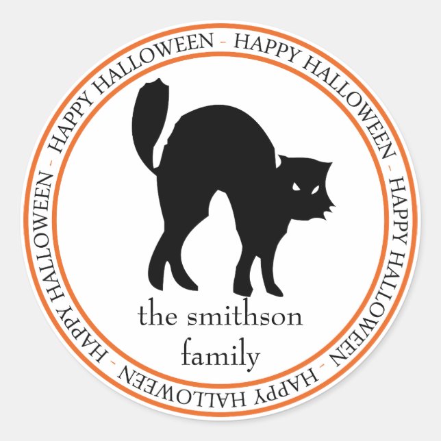 Sticker Rond Happy Halloween Scaredy Cat (Noir / Orange) (Devant)
