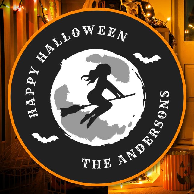 Sticker Rond Happy Halloween Sorcière équitation Broom Nom pers (Créateur téléchargé)