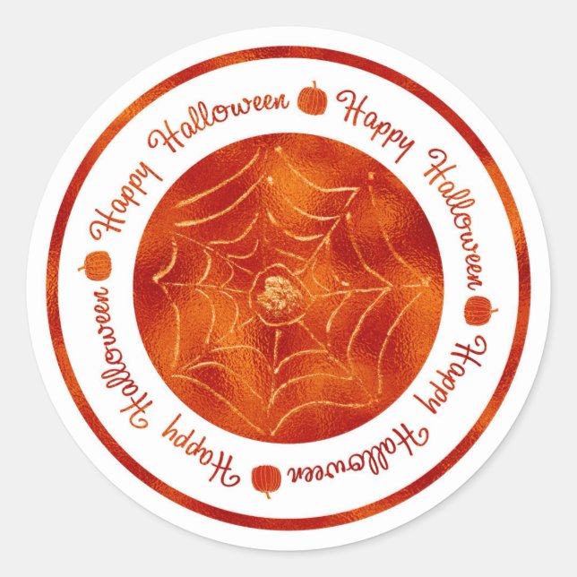 Sticker Rond Happy Halloween Spider Web Orange Shine Party (Devant)