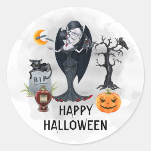 Sticker Rond Happy Halloween Vampire Aquarelle