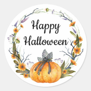 Sticker Rond Happy Halloween Watercolor Citrouille Wreath