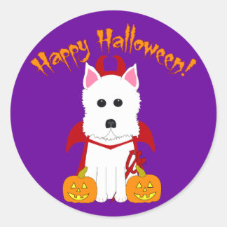 Sticker Rond Happy Halloween Westie Devil