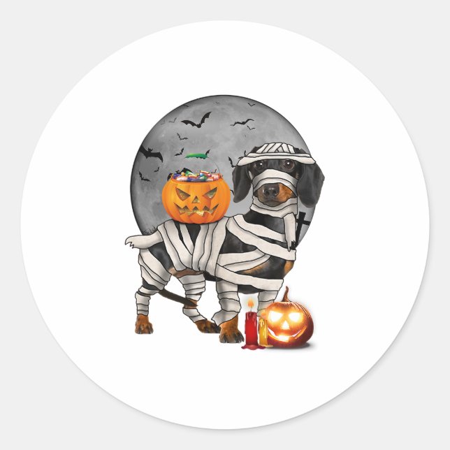 Sticker Rond Happy Halloweenie Dachshund Mummy Dog (Devant)