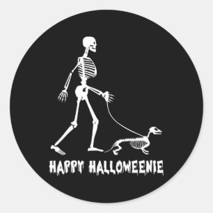 Sticker Rond Happy Halloweenie Skeleton Walking Dachshund Chien