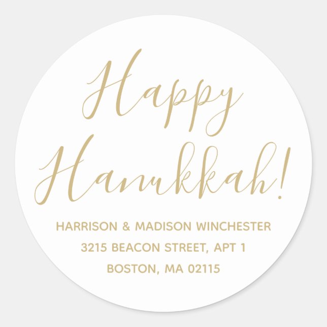 Sticker Rond Happy Hanoukka or blanc script adresse de retour (Devant)