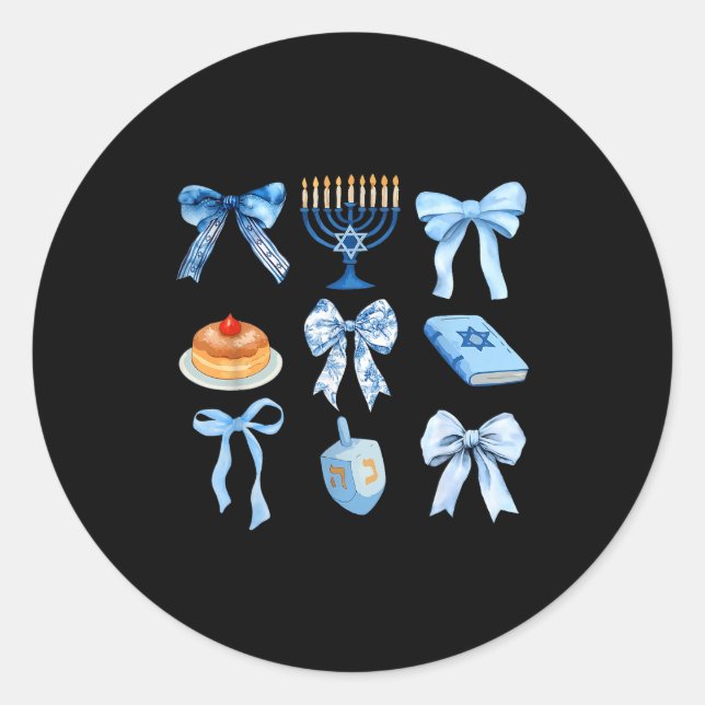Sticker Rond Happy Hanukkah Coquette Bow Chanukah Jewish Women  (Devant)