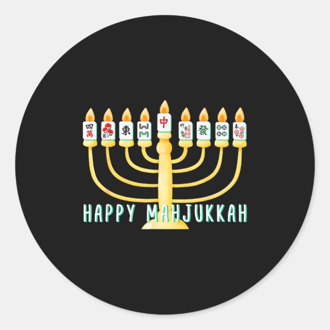 Sticker Rond Happy Hanukkah Mahjong Menorah Mahjukkah Chanukkah (Devant)