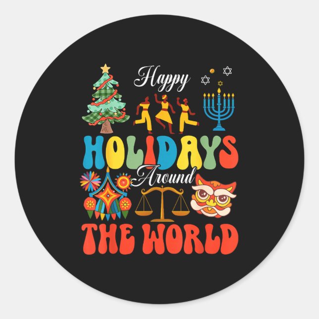 Sticker Rond Happy Holidays Around World Christmas Hanukkah Diw (Devant)