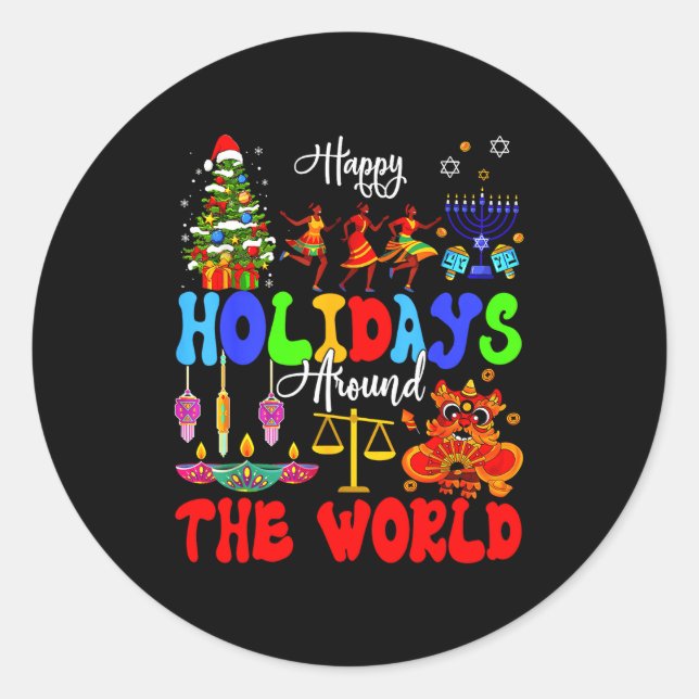 Sticker Rond Happy Holidays Around World Matching Family Vacati (Devant)